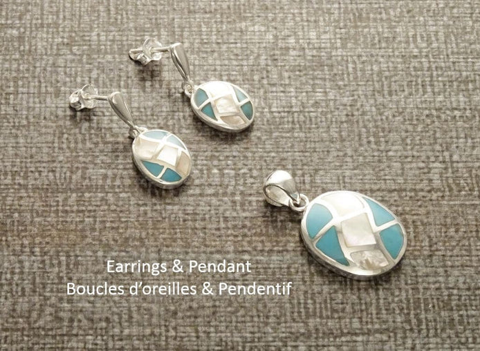 Turquoise Earrings, Sterling Silver, Bicolor Blue Oval Turquoise Stone and White Mother of Pearl Shell, Modern Geometric Grid Jewelry Set