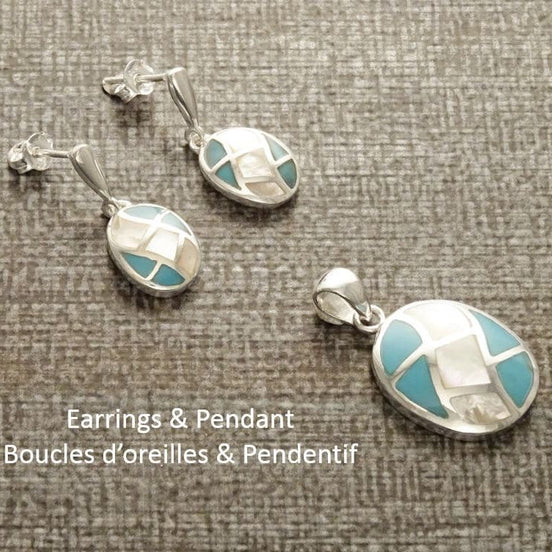 Turquoise Earrings, Sterling Silver, Bicolor Blue Oval Turquoise Stone and White Mother of Pearl Shell, Modern Geometric Grid Jewelry Set