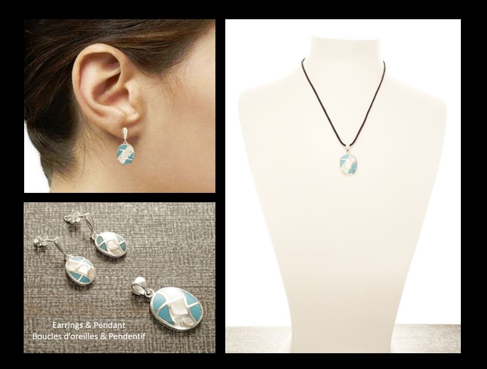 Turquoise Earrings, Sterling Silver, Bicolor Blue Oval Turquoise Stone and White Mother of Pearl Shell, Modern Geometric Grid Jewelry Set