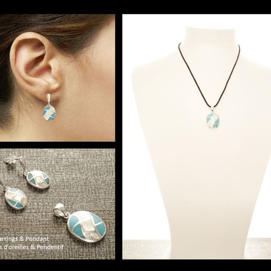 Turquoise Earrings, Sterling Silver, Bicolor Blue Oval Turquoise Stone and White Mother of Pearl Shell, Modern Geometric Grid Jewelry Set
