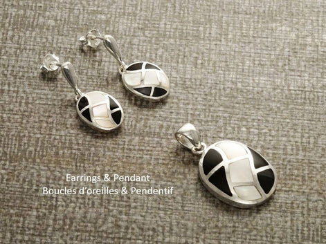 Black Oval Pendant Necklace, Sterling Silver, Black Onyx Stone and White Mother of Pearl Shell, Mosaic Geometric Waves Checkered Jewelry