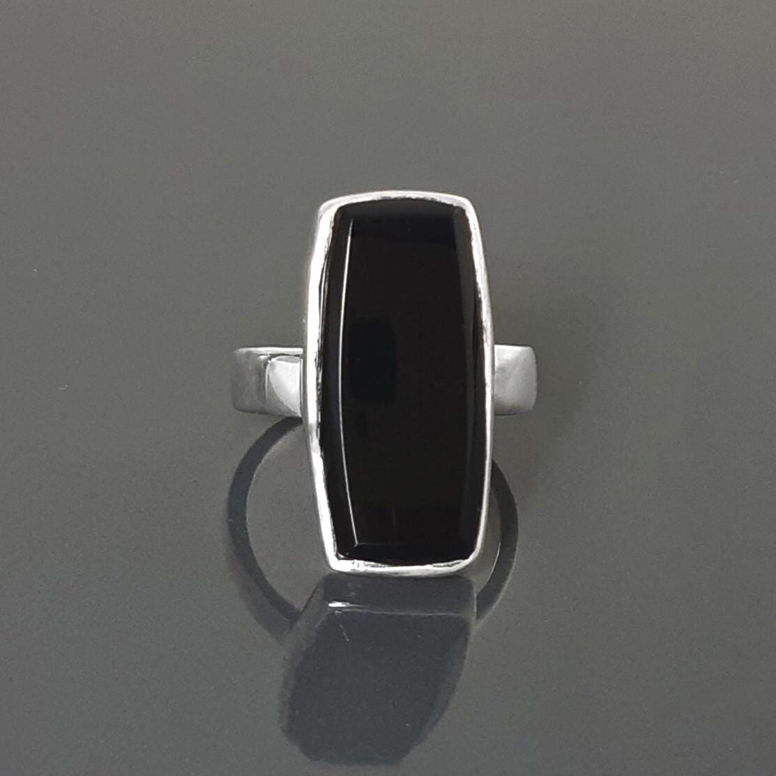 Black onyx ring, sterling silver set with a rectangle onyx stone in a unique modern design
