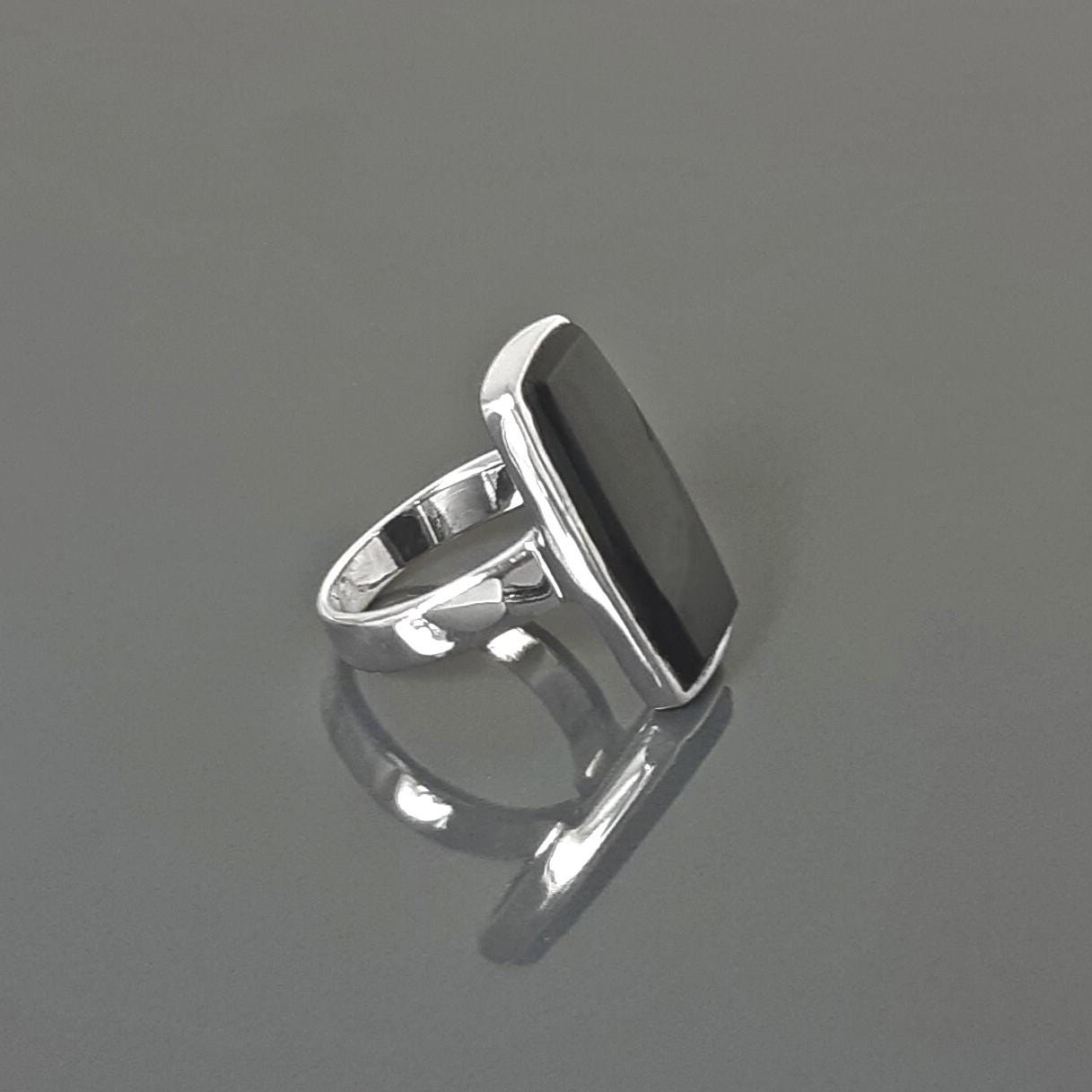 Black onyx ring, sterling silver set with a rectangle onyx stone in a unique modern design