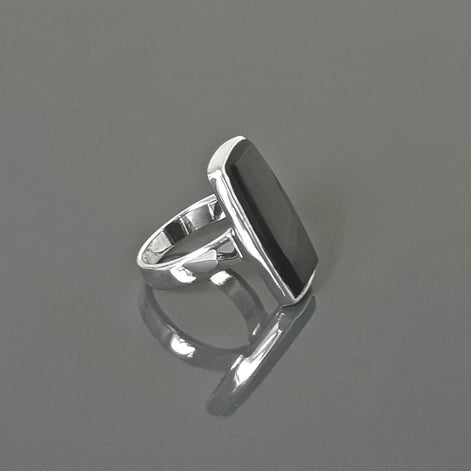 Black onyx ring, sterling silver set with a rectangle onyx stone in a unique modern design
