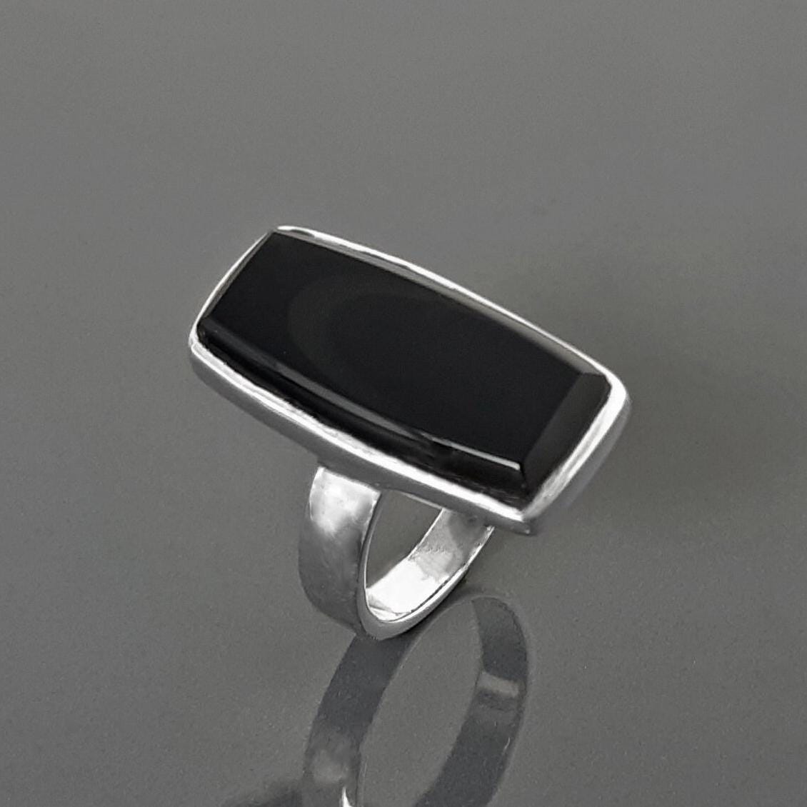 Black onyx ring, sterling silver set with a rectangle onyx stone in a unique modern design