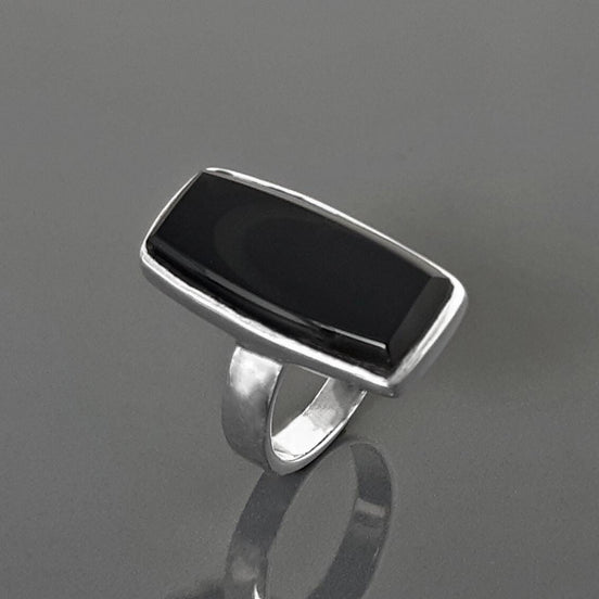 Black onyx ring, sterling silver set with a rectangle onyx stone in a unique modern design