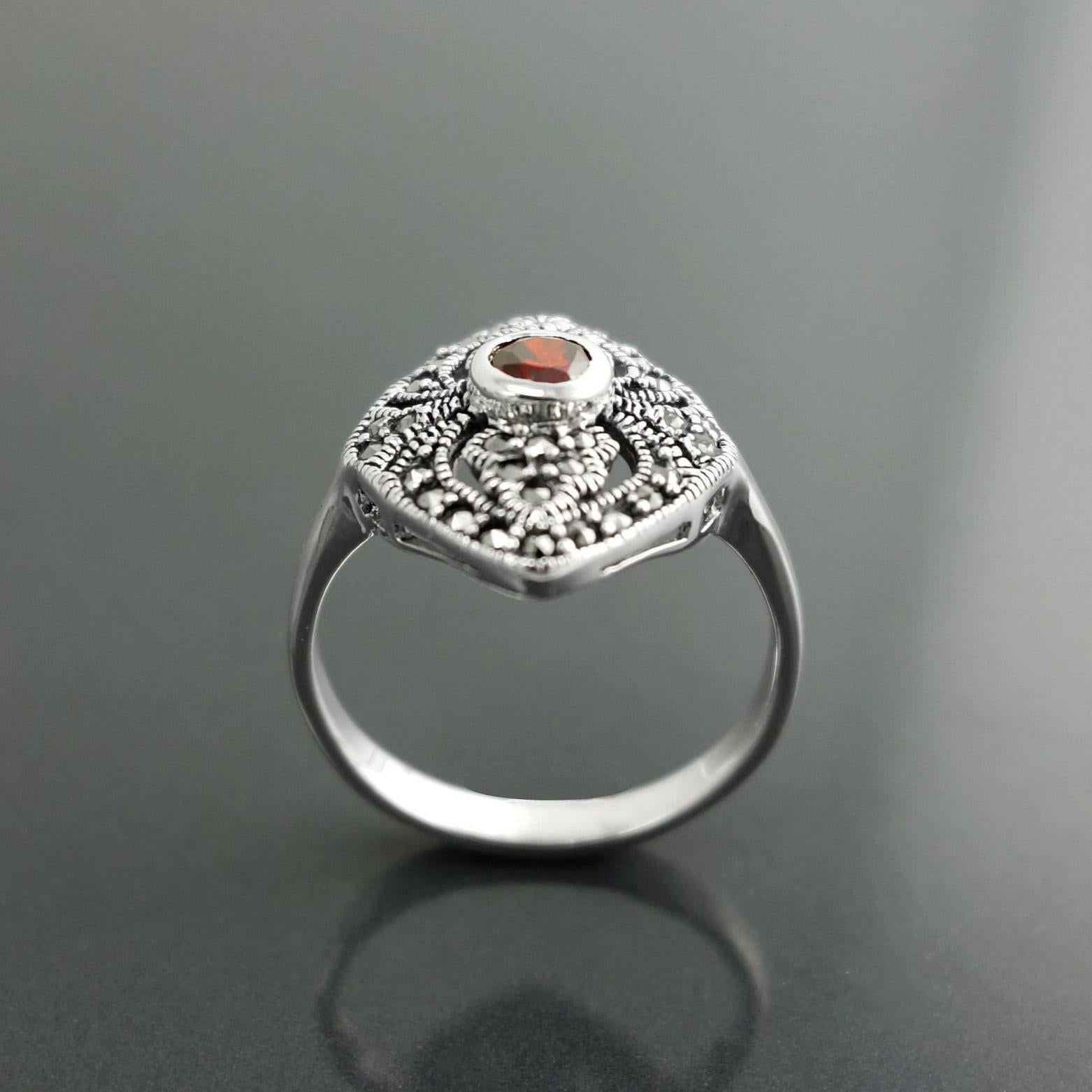 Art Deco Sterling Silver Marquise Ring, Lab Red Garnet, Marcasite Details