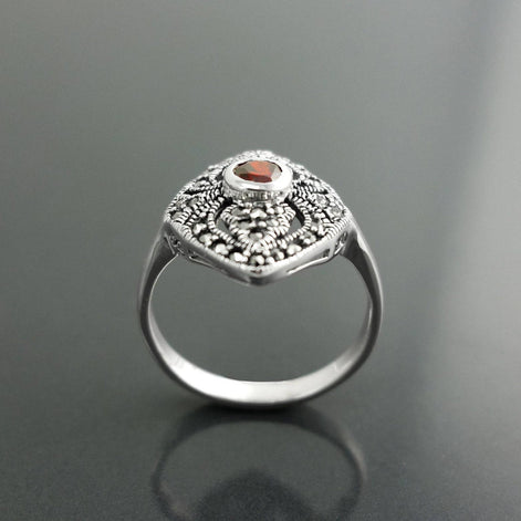 Art Deco Sterling Silver Marquise Ring, Lab Red Garnet, Marcasite Details