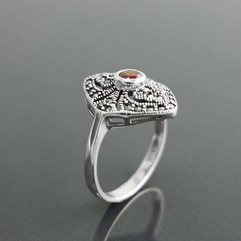 Art Deco Sterling Silver Marquise Ring, Lab Red Garnet, Marcasite Details