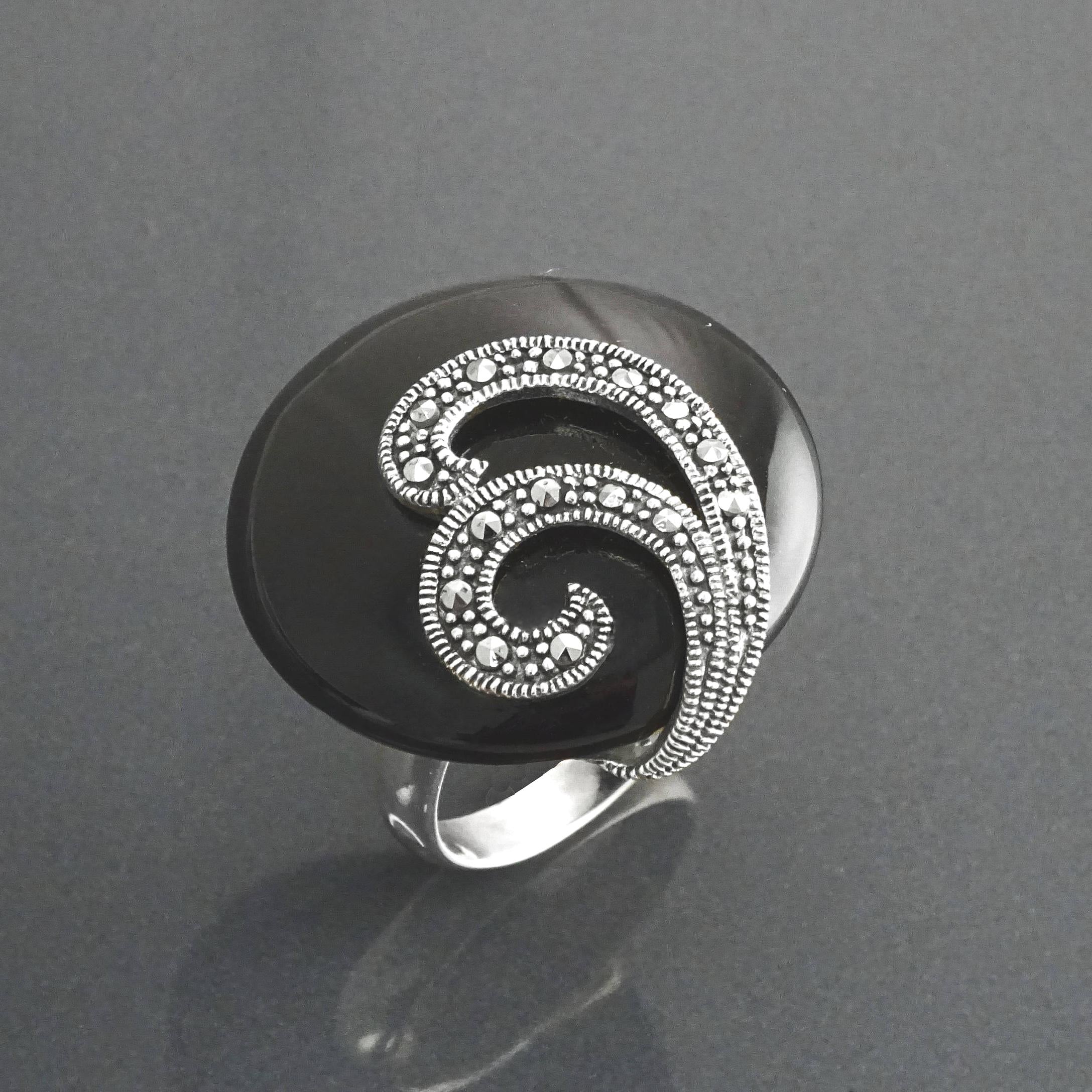 Art Deco Black Onyx Ring, Sterling Silver, Marcasite Stones, Roaring Twenties Inspired Jewelry