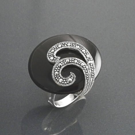 Art Deco Black Onyx Ring, Sterling Silver, Marcasite Stones, Roaring Twenties Inspired Jewelry