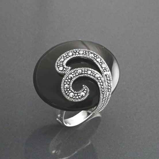 Art Deco Black Onyx Ring, Sterling Silver, Marcasite Stones, Roaring Twenties Inspired Jewelry