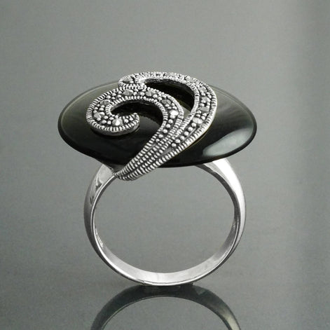 Art Deco Black Onyx Ring, Sterling Silver, Marcasite Stones, Roaring Twenties Inspired Jewelry