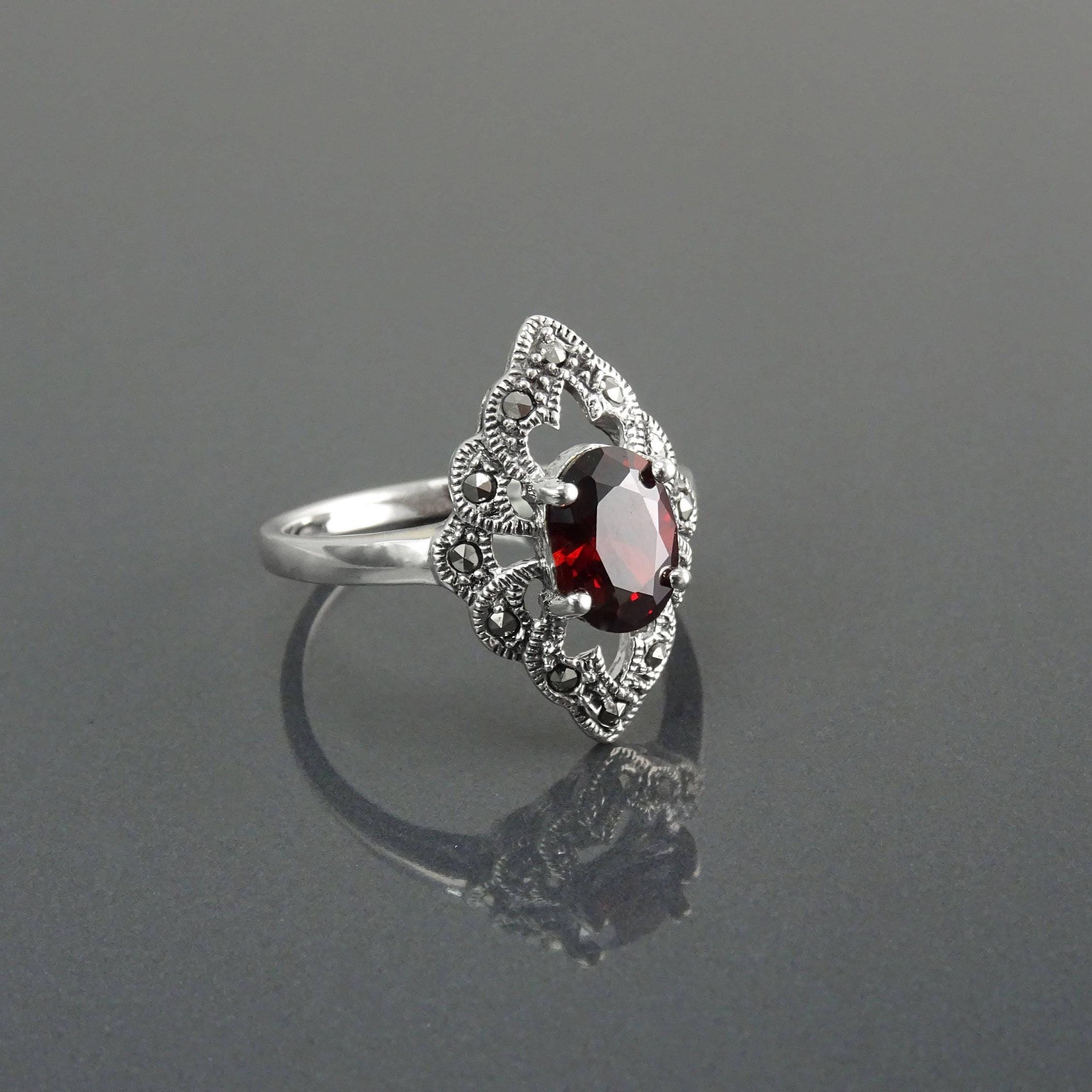 Garnet Marcasite Ring, Sterling Silver, Vintage Marquise Ring, Lab Red Garnet Simulant, Retro Red Stone Rings, Women's Gifts