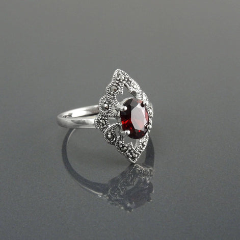 Garnet Marcasite Ring, Sterling Silver, Vintage Marquise Ring, Lab Red Garnet Simulant, Retro Red Stone Rings, Women's Gifts