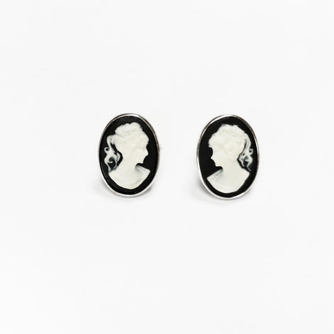 Cameo Earrings - Sterling Silver black and white oval resin stone - woman face portrait cameo - Vintage Victorian Jewelry - Studs Earrings