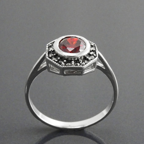 Vintage Red Ring, Sterling Silver, Octagonal Marcasite Stones Ring, Garnet Color Stone (Cz), Dainty Retro Red Stone Rings, Medieval Jewelry