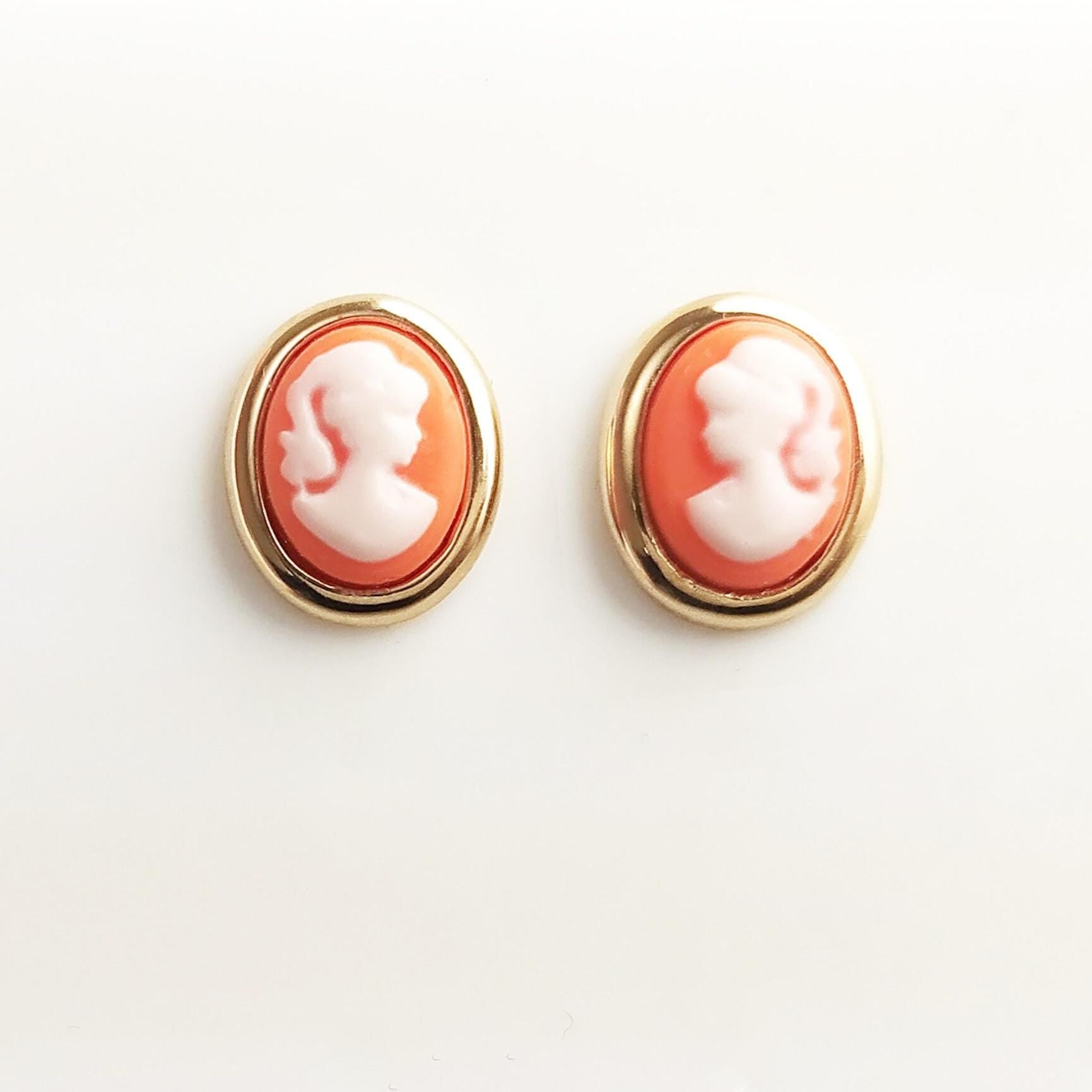Vintage Cameo Earrings – 18K Gold Plated, Red Resin Woman Portrait, Victorian Studs
