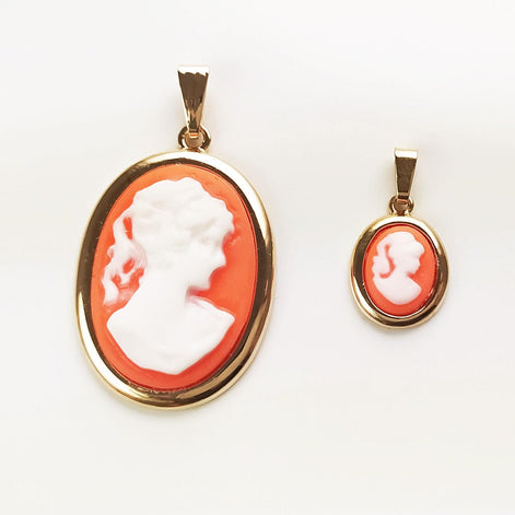Vintage Cameo Earrings – 18K Gold Plated, Red Resin Woman Portrait, Victorian Studs