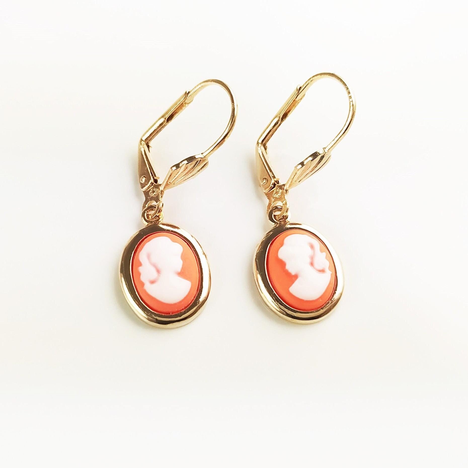 Cameo Earrings – Victorian Woman Portrait, Red Resin Stone 18K gold-plated Jewelry