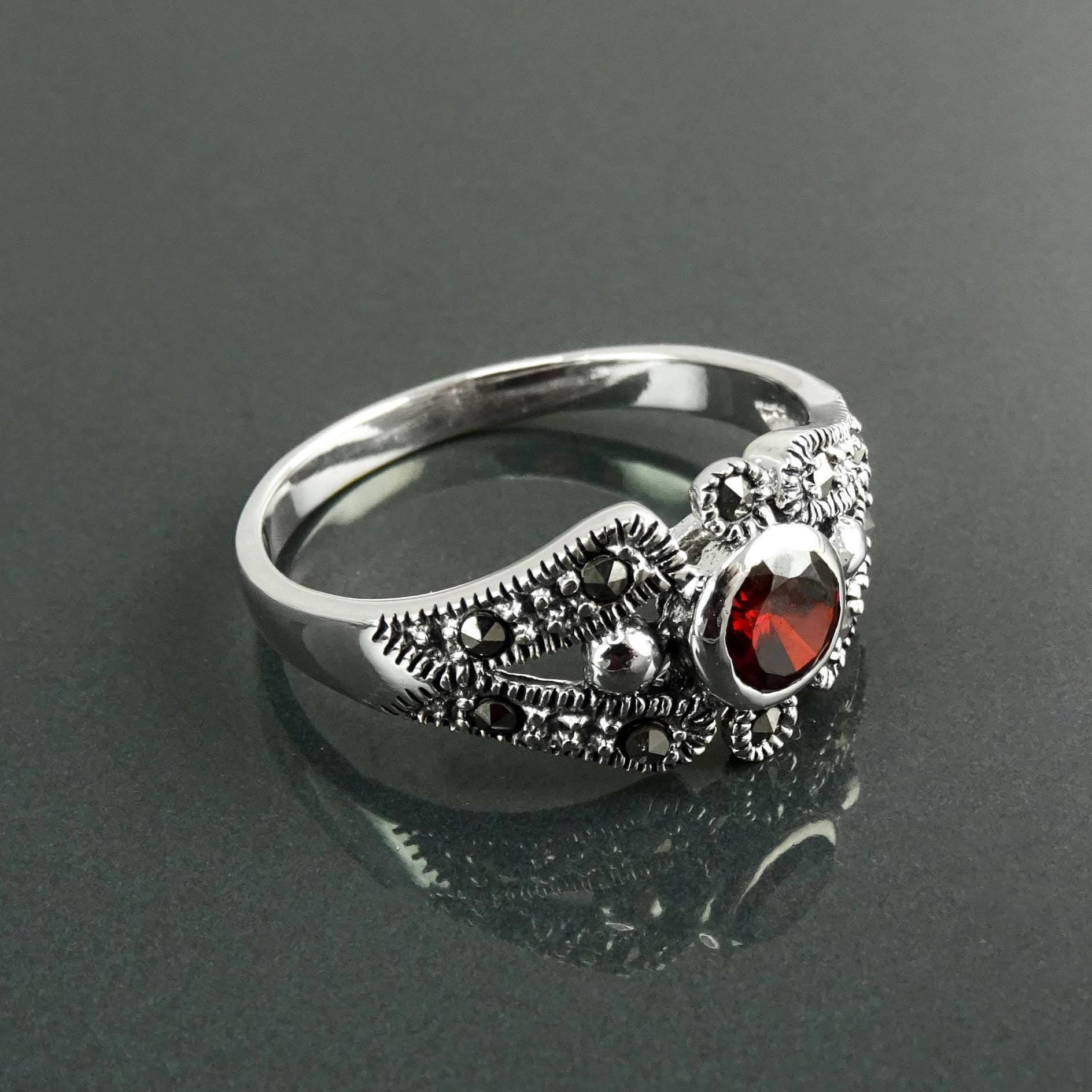 Art Deco Sterling Silver Garnet Marcasite Ring, Vintage Reissue Jewelry