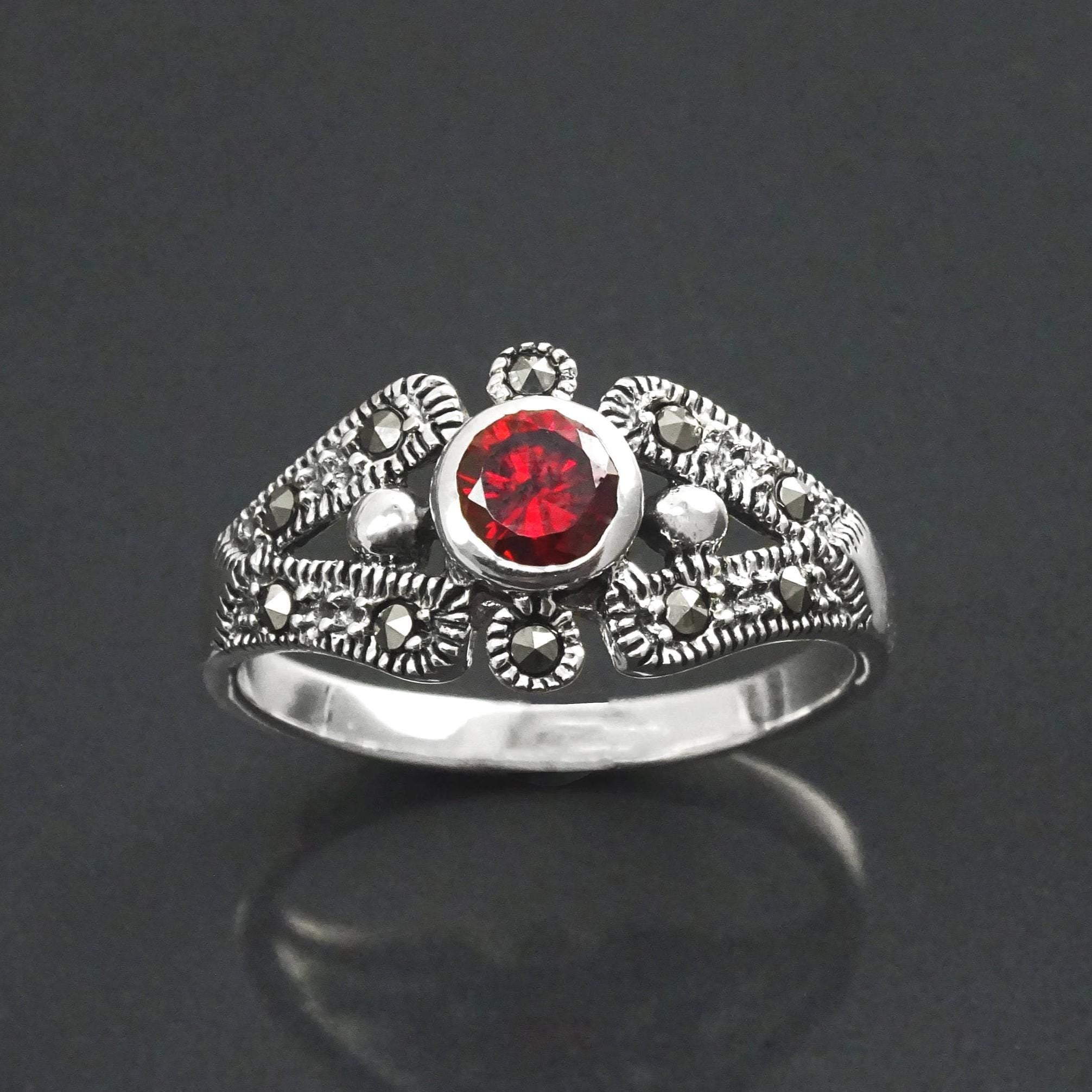 Art Deco Sterling Silver Garnet Marcasite Ring, Vintage Reissue Jewelry