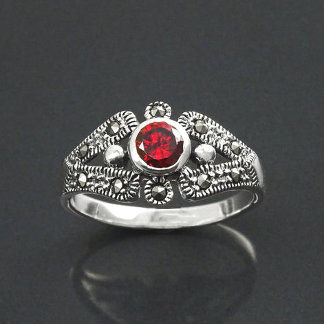Art Deco Sterling Silver Garnet Marcasite Ring, Vintage Reissue Jewelry