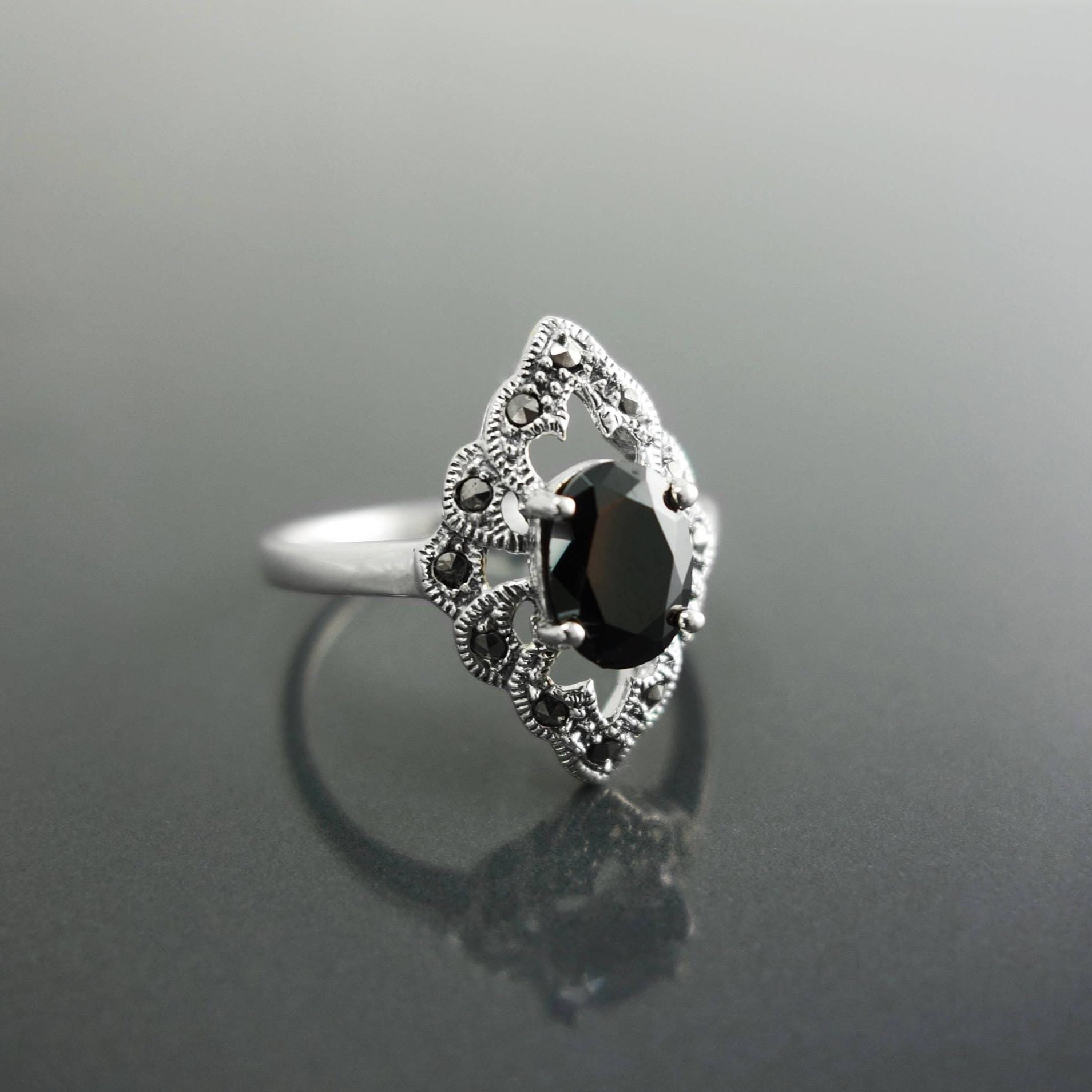 Black Marcasite Ring, Sterling Silver, Vintage Marquise Ring, Lab Black Diamond Simulant (Cz), Retro Stone Jewelry, Antique Women's Gifts