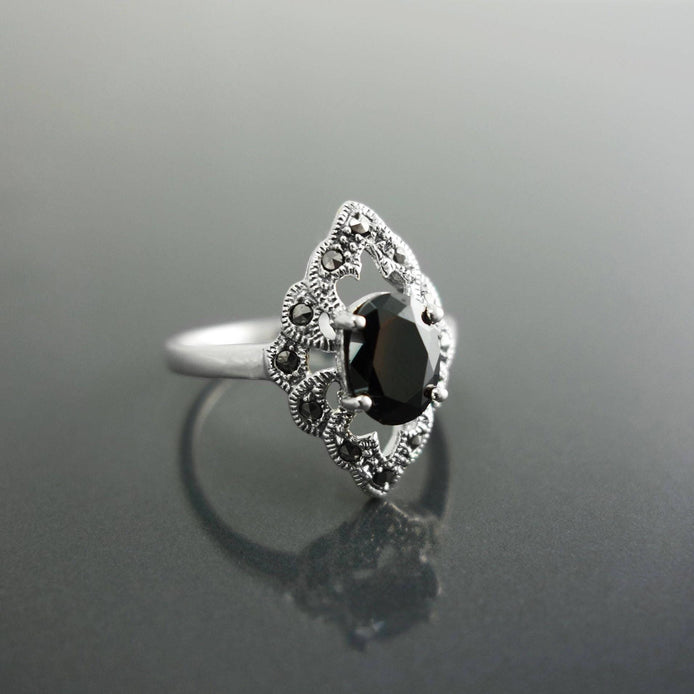 Black Marcasite Ring, Sterling Silver, Vintage Marquise Ring, Lab Black Diamond Simulant (Cz), Retro Stone Jewelry, Antique Women's Gifts