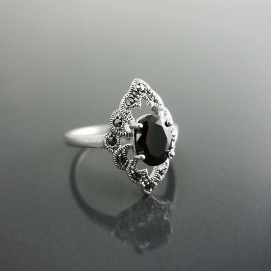 Black Marcasite Ring, Sterling Silver, Vintage Marquise Ring, Lab Black Diamond Simulant (Cz), Retro Stone Jewelry, Antique Women's Gifts