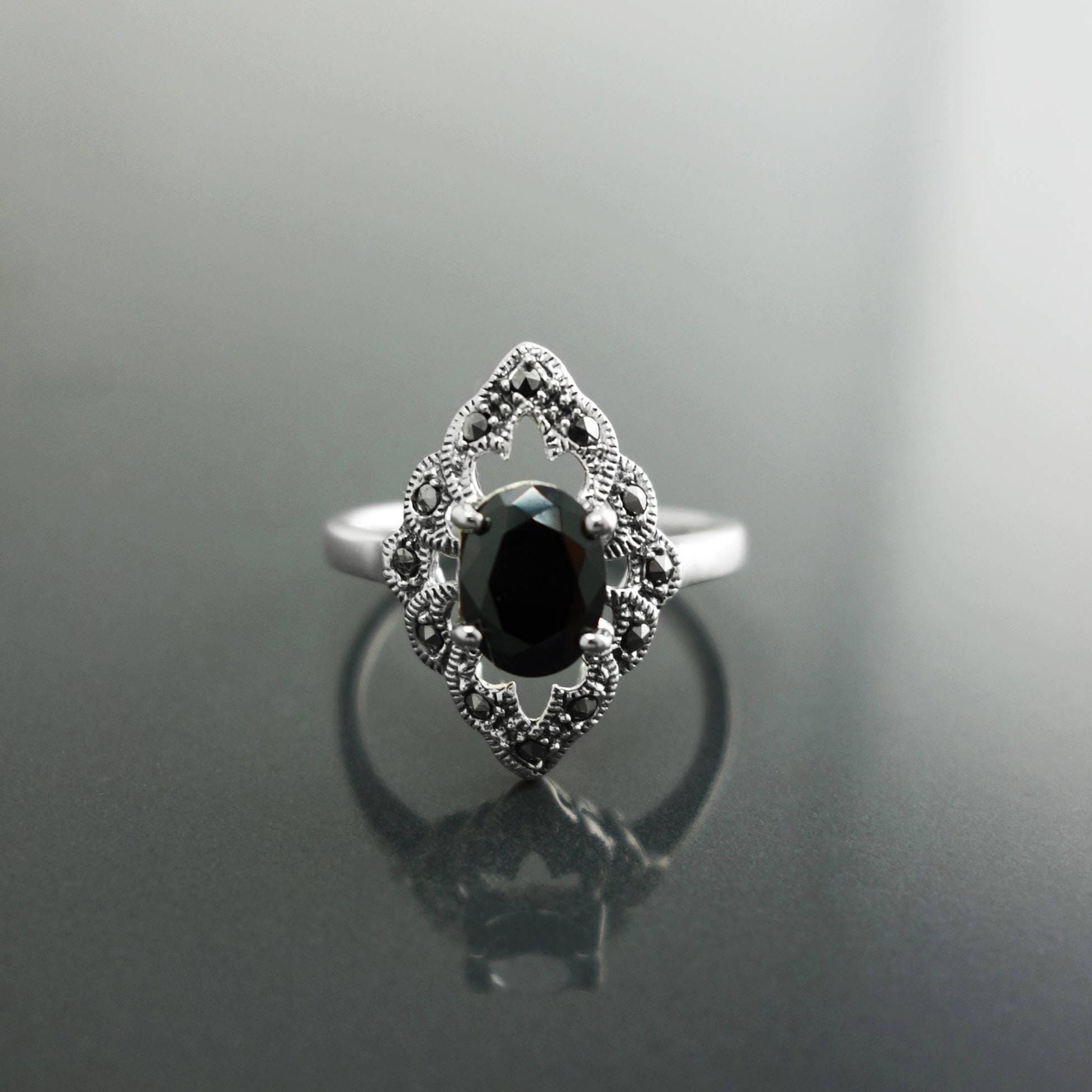 Black Marcasite Ring, Sterling Silver, Vintage Marquise Ring, Lab Black Diamond Simulant (Cz), Retro Stone Jewelry, Antique Women's Gifts