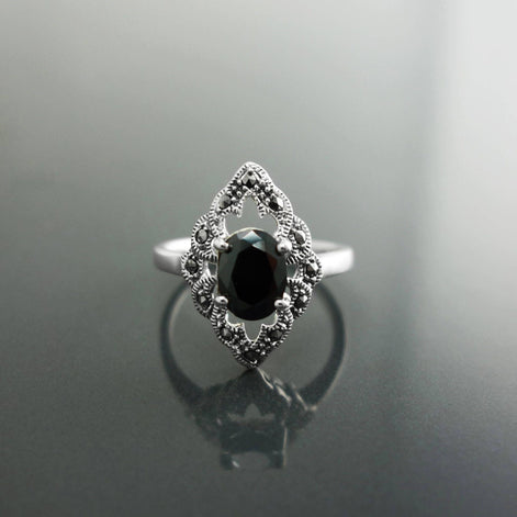 Black Marcasite Ring, Sterling Silver, Vintage Marquise Ring, Lab Black Diamond Simulant (Cz), Retro Stone Jewelry, Antique Women's Gifts