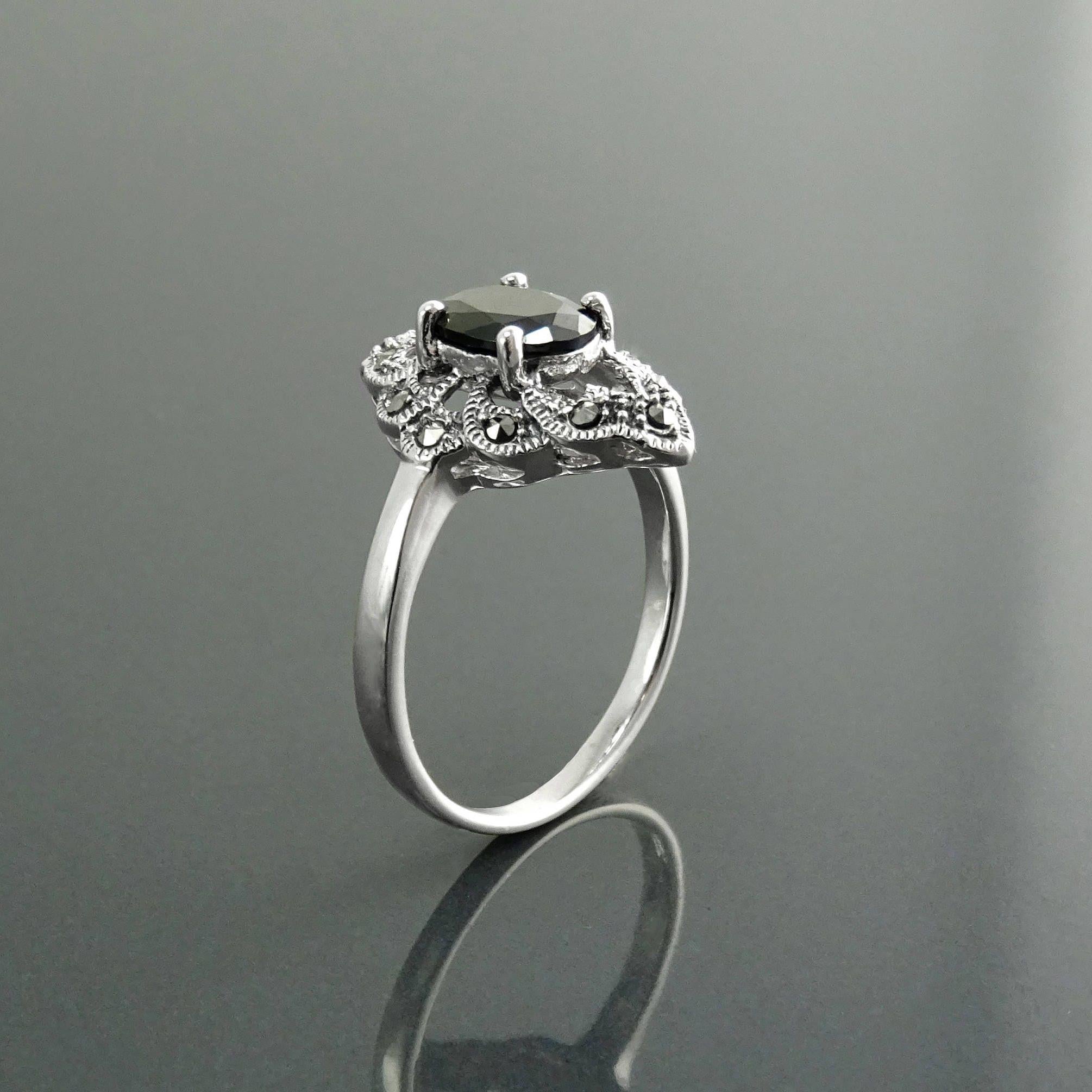 Black Marcasite Ring, Sterling Silver, Vintage Marquise Ring, Lab Black Diamond Simulant (Cz), Retro Stone Jewelry, Antique Women's Gifts