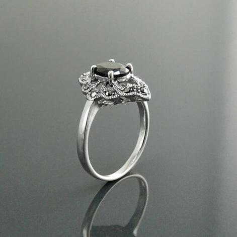 Black Marcasite Ring, Sterling Silver, Vintage Marquise Ring, Lab Black Diamond Simulant (Cz), Retro Stone Jewelry, Antique Women's Gifts