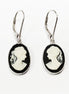 Cameo Earrings, Sterling Silver Black and white oval resin stone, woman face portrait cameo, Vintage Victorian Jewelry, Lever back Earrings