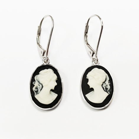 Cameo Earrings, Sterling Silver Black and white oval resin stone, woman face portrait cameo, Vintage Victorian Jewelry, Lever back Earrings