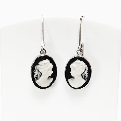 Cameo Earrings, Sterling Silver Black and white oval resin stone, woman face portrait cameo, Vintage Victorian Jewelry, Lever back Earrings