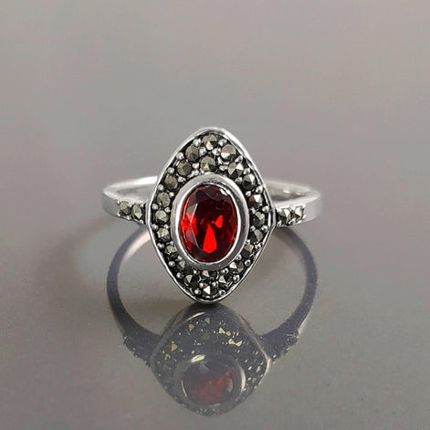 Garnet Marcassite Ring, Sterling Silver, Marquise Ring, Garnet Red Color Stone (Cz), Retro Stone Rings, Antique Jewelry, Women's Gifts