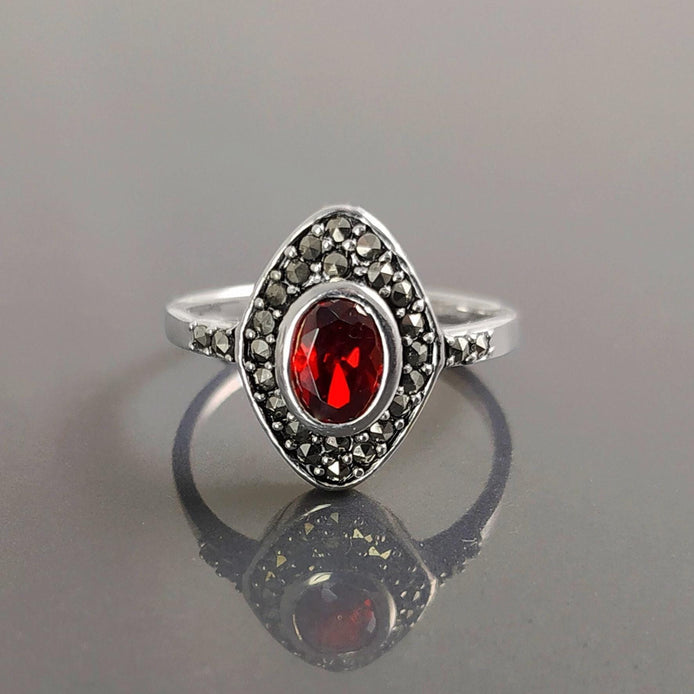 Garnet Marcassite Ring, Sterling Silver, Marquise Ring, Garnet Red Color Stone (Cz), Retro Stone Rings, Antique Jewelry, Women's Gifts