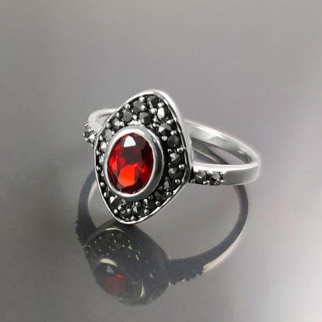 Garnet Marcassite Ring, Sterling Silver, Marquise Ring, Garnet Red Color Stone (Cz), Retro Stone Rings, Antique Jewelry, Women's Gifts