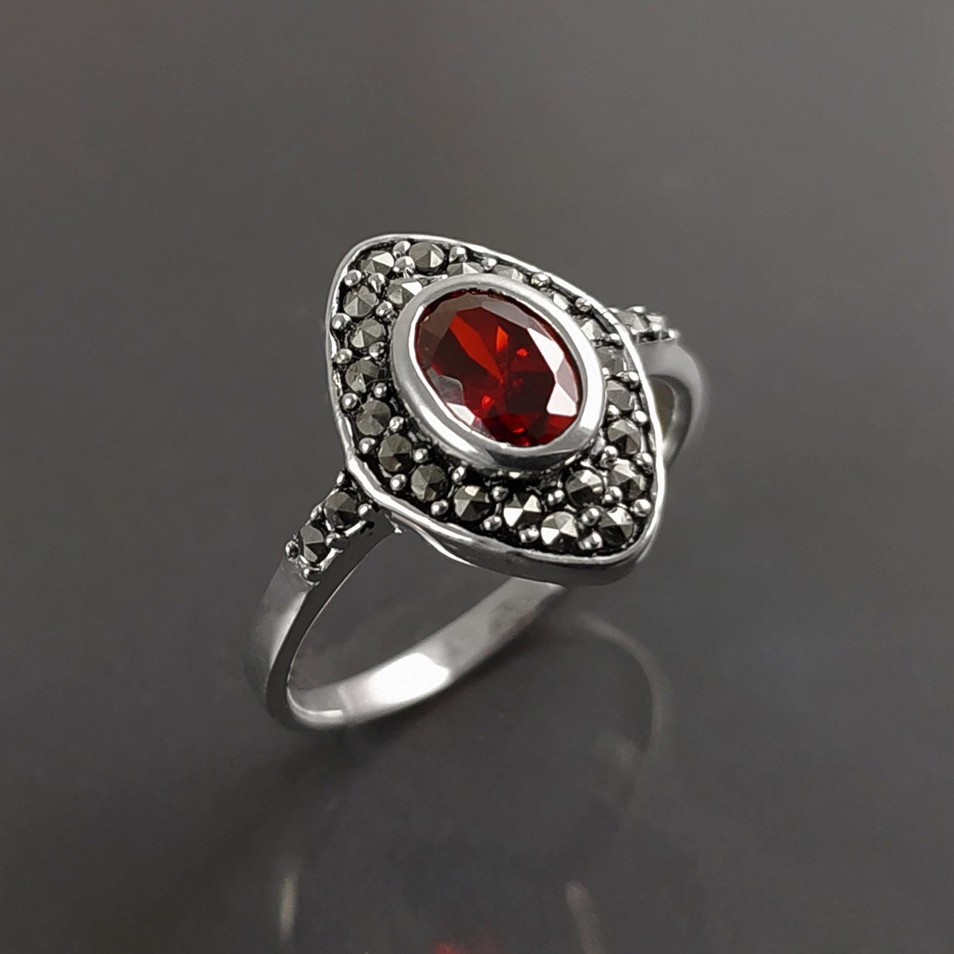 Garnet Marcassite Ring, Sterling Silver, Marquise Ring, Garnet Red Color Stone (Cz), Retro Stone Rings, Antique Jewelry, Women's Gifts
