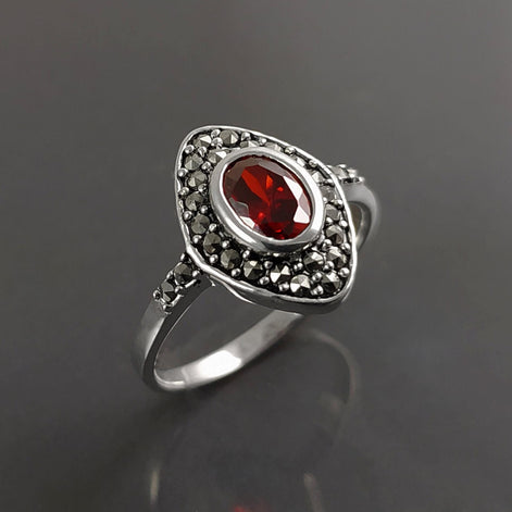 Garnet Marcassite Ring, Sterling Silver, Marquise Ring, Garnet Red Color Stone (Cz), Retro Stone Rings, Antique Jewelry, Women's Gifts