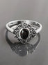 Black Antique Ring, Sterling Silver ring with Oval Black Cz Stone and Marcasites Stones, Round Vintage Art-Deco Design Jewelry