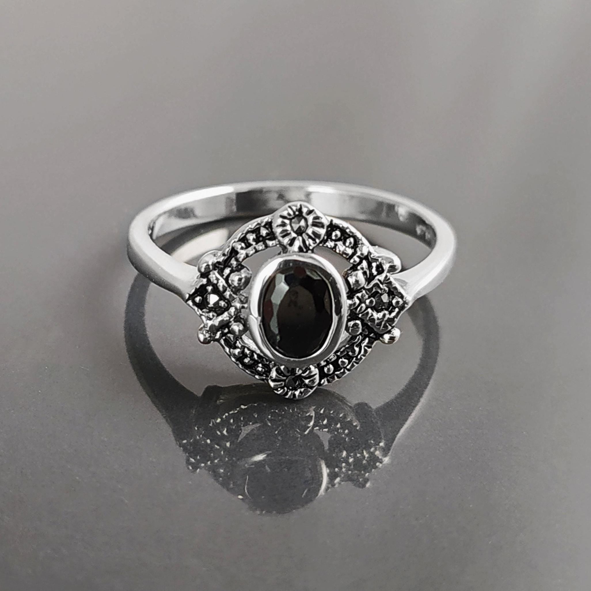Black Antique Ring, Sterling Silver ring with Oval Black Cz Stone and Marcasites Stones, Round Vintage Art-Deco Design Jewelry