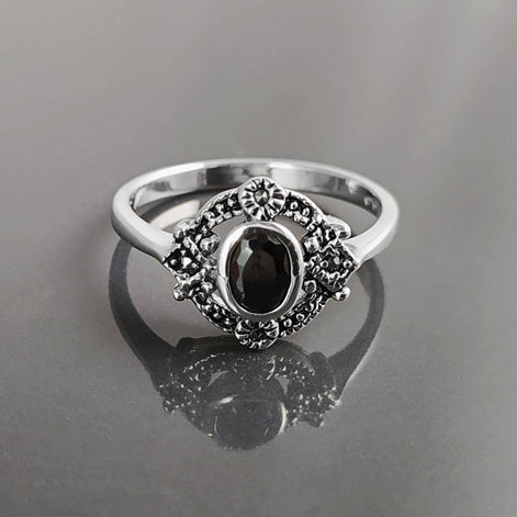 Black Antique Ring, Sterling Silver ring with Oval Black Cz Stone and Marcasites Stones, Round Vintage Art-Deco Design Jewelry