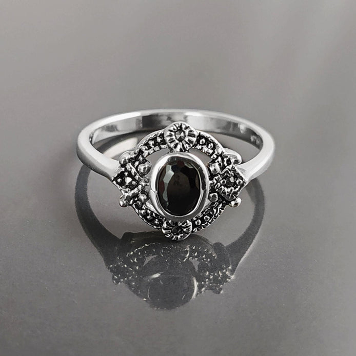 Black Antique Ring, Sterling Silver ring with Oval Black Cz Stone and Marcasites Stones, Round Vintage Art-Deco Design Jewelry