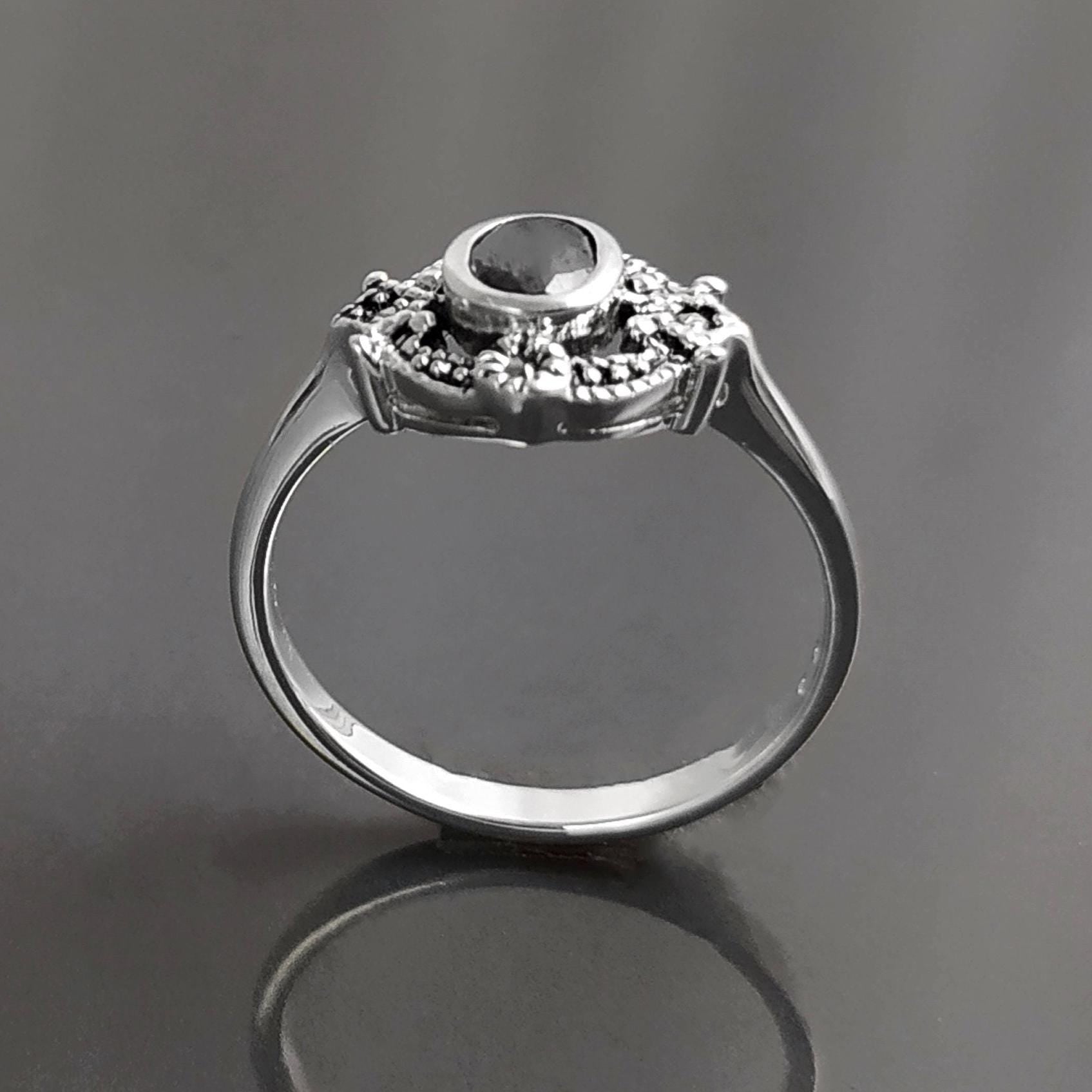 Black Antique Ring, Sterling Silver ring with Oval Black Cz Stone and Marcasites Stones, Round Vintage Art-Deco Design Jewelry