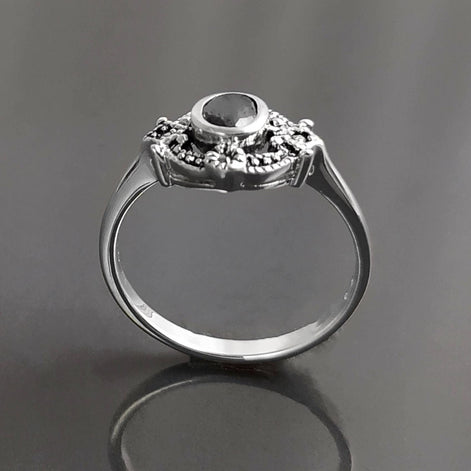 Black Antique Ring, Sterling Silver ring with Oval Black Cz Stone and Marcasites Stones, Round Vintage Art-Deco Design Jewelry