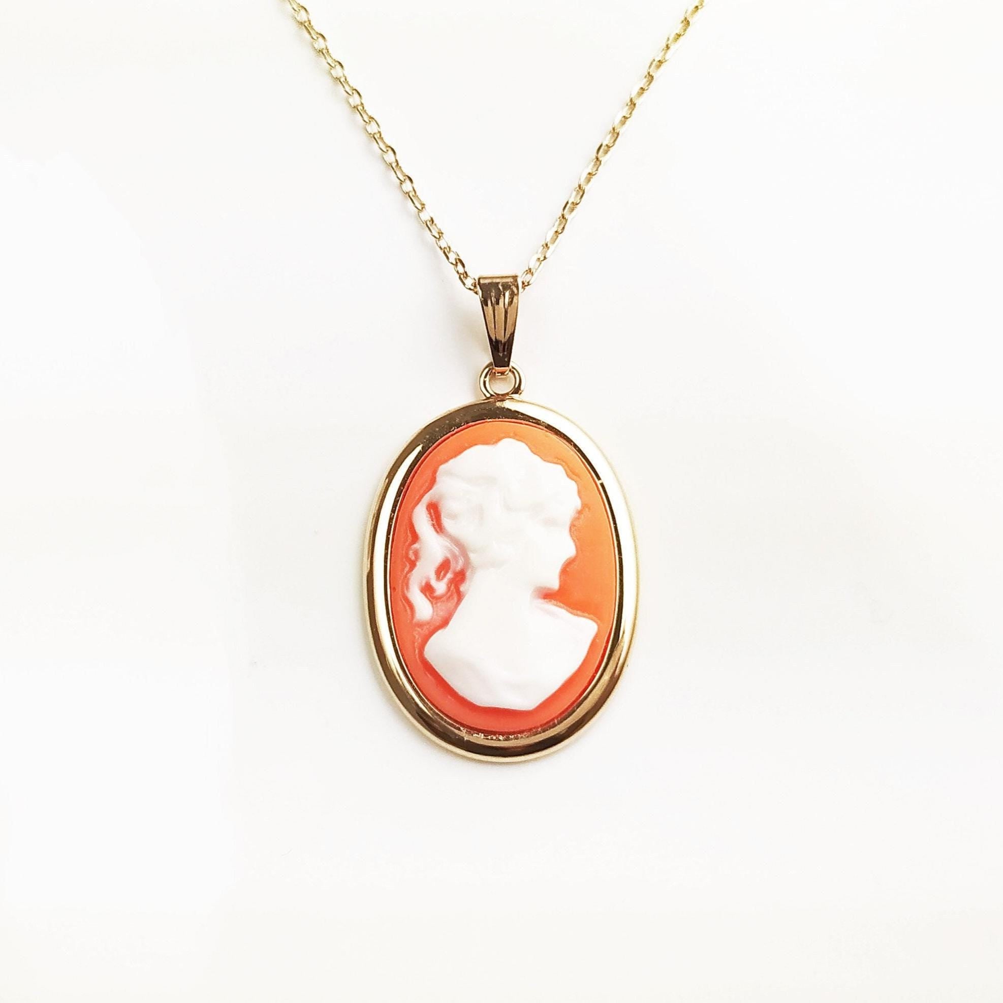 18K Gold Plated Cameo Pendant: Red Resin Stone, Vintage Victorian Necklace