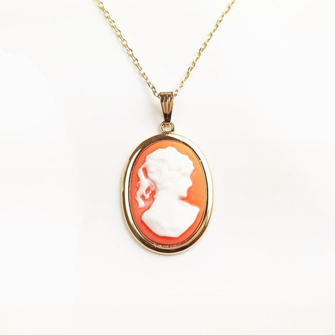 18K Gold Plated Cameo Pendant: Red Resin Stone, Vintage Victorian Necklace